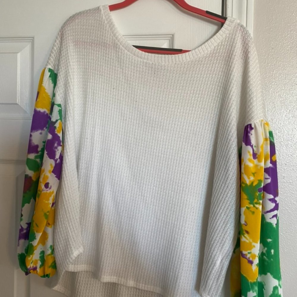 Mardi Gras White Sweater with Colorful Flowy Sleeves